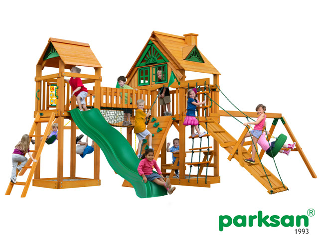 51455 - Playhouse with Wooden Slides, Climbing Swings